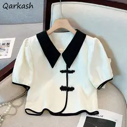 Chinese Style T-shirts Women Clothing Panelled Streetwear Summer Aesthetic Tender Vintage Casual All-match Lady Baggy Minority