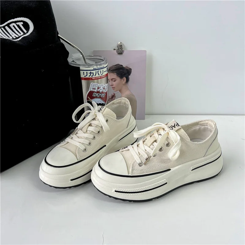 Women Cloth Flat Shoes Spring Fashion Thick-soled Breathable Lace Up Canvas Casual and Comfortable Off White Sneakers for Women