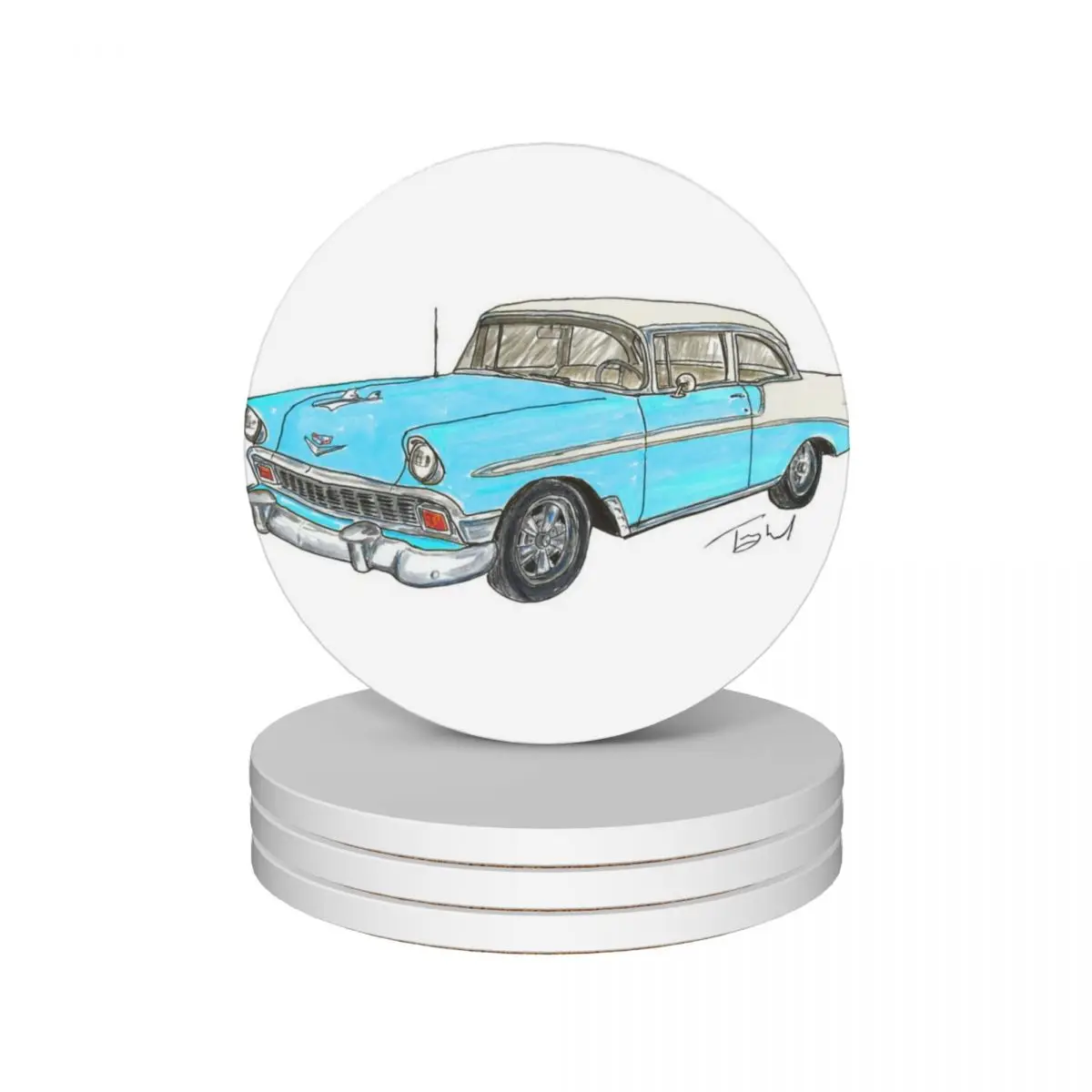 

1956 Belair 2 Door Post - White & Blue Ceramic Coasters (Set of 4) slate teapot mat pot Coasters