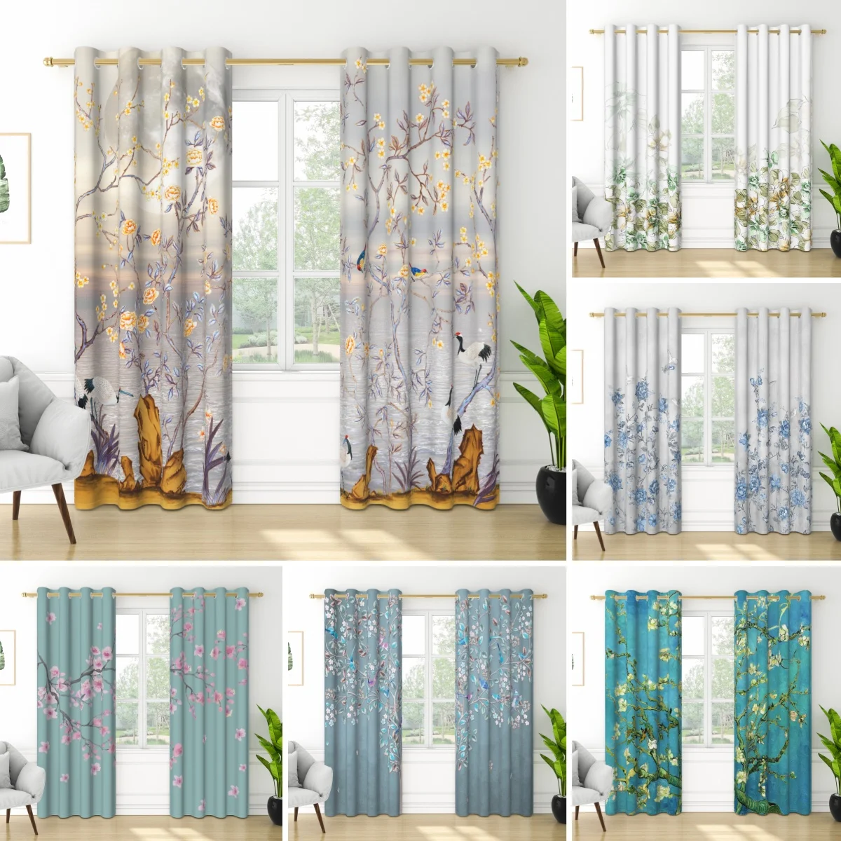 2pcs/set Chinese Style Blackout Curtains Crane Flower Bird Branch Print Serene Zen Home Living Room Interior Window Curtains