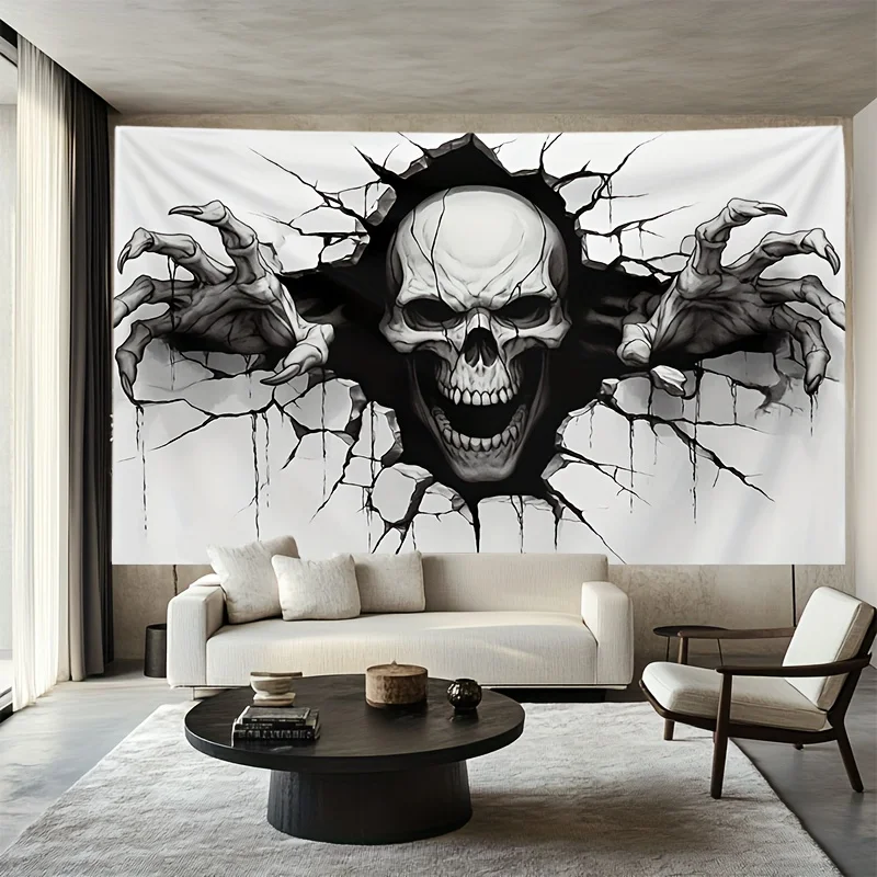 Halloween-Totenkopf-Polyester-Wandteppich, 3D-Rissdesign, Dekor für Wohnzimmer, Party, gruselige Atmosphäre, hochwertig zertifiziert