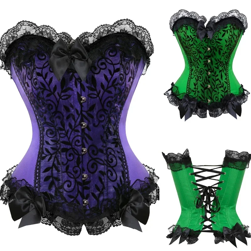 

Victorian Corsets Bustiers Classic Lace Overlay Overbust Floral Embroidery Corset Korsett Plus Size Halloween Cosplay Top