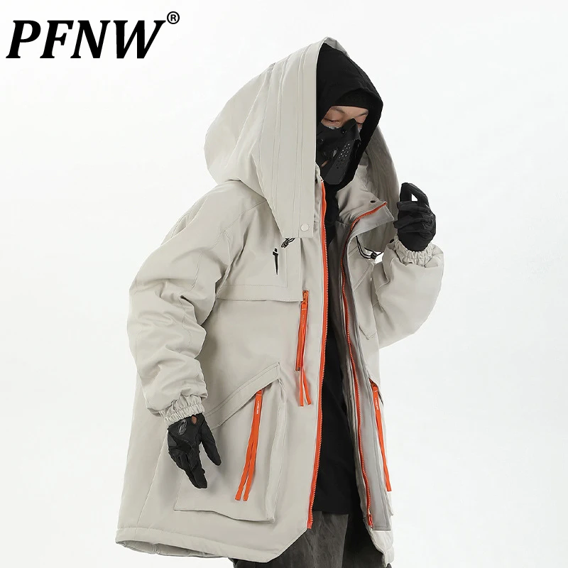 PFNW Tide Multi-pocket Punching Jacket Cotton-padded Coat Men's Loose Hooded Workwear Thickened Warm Winter Jacket Male 12C1839