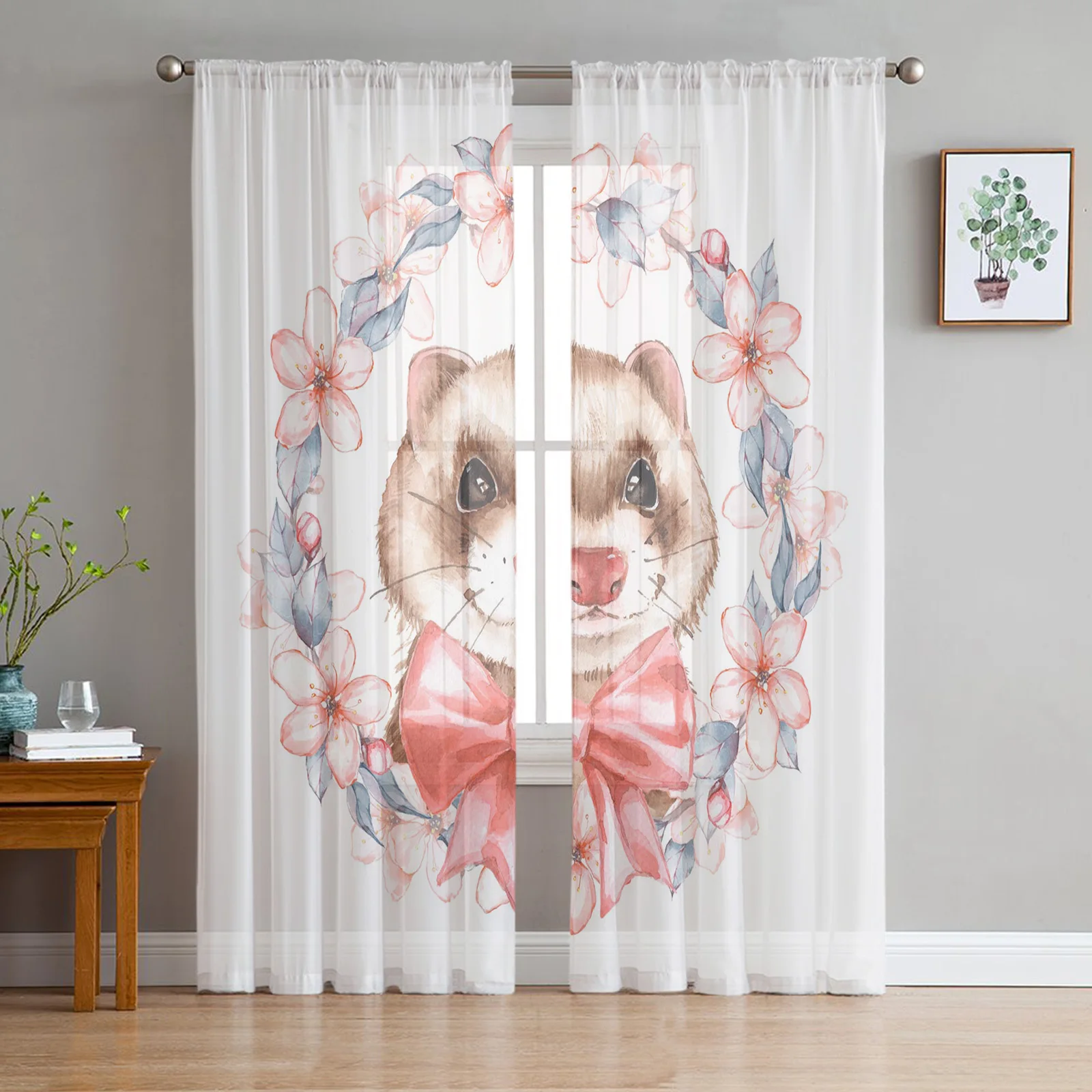 Ferret Spring Watercolor Pink Flower Living Room Tulle Curtains Drape for Kids Bedroom Home Decor Kitchen Window Sheer Curtain