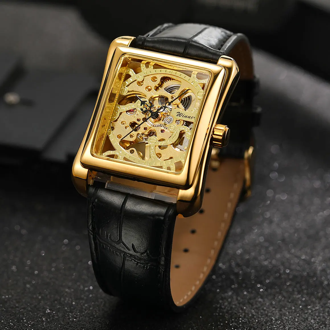 

Replica Square Gold Luxury Transparent Steel Skeleton Mechanical Watch Waterproof Leather Elegant Male Wrist Clock reloj hombre