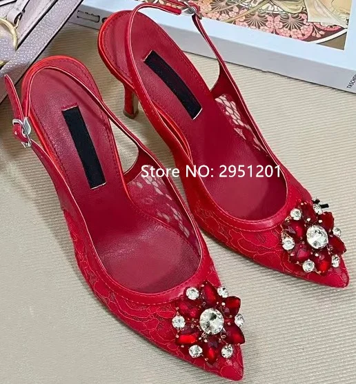 Pink Women 6cm High Heels Diamond Slingback Pumps Bling Rhinestone Floral Print Women Pumps Wedding Dress Pumps Zapatos Mujer