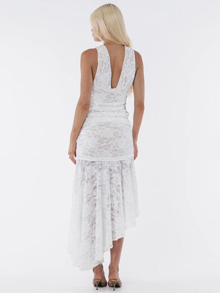 Nieuwe Kant Ruches Sexy Maxi Jurk Vrouwen Jurk Wit Patchwork Diepe V-hals Mouwloos Backless Hoge Taille Lange Tank Jurk