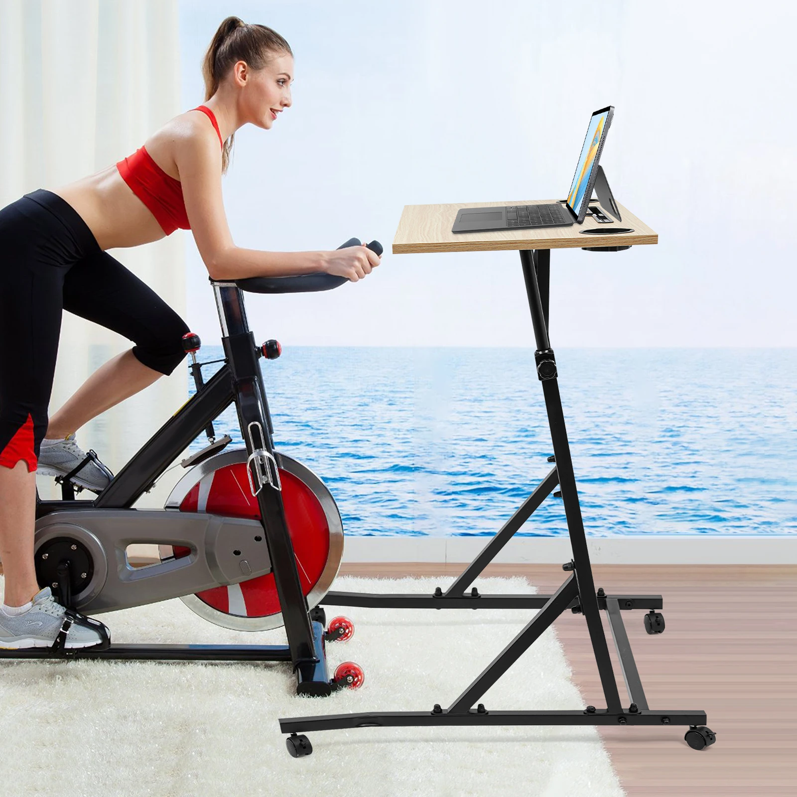 Black/Log Adjustable Bike Trainer Fitness Desk Z Shape Mobile Stand up Desk with Wheel Fitness Standing Computer Table