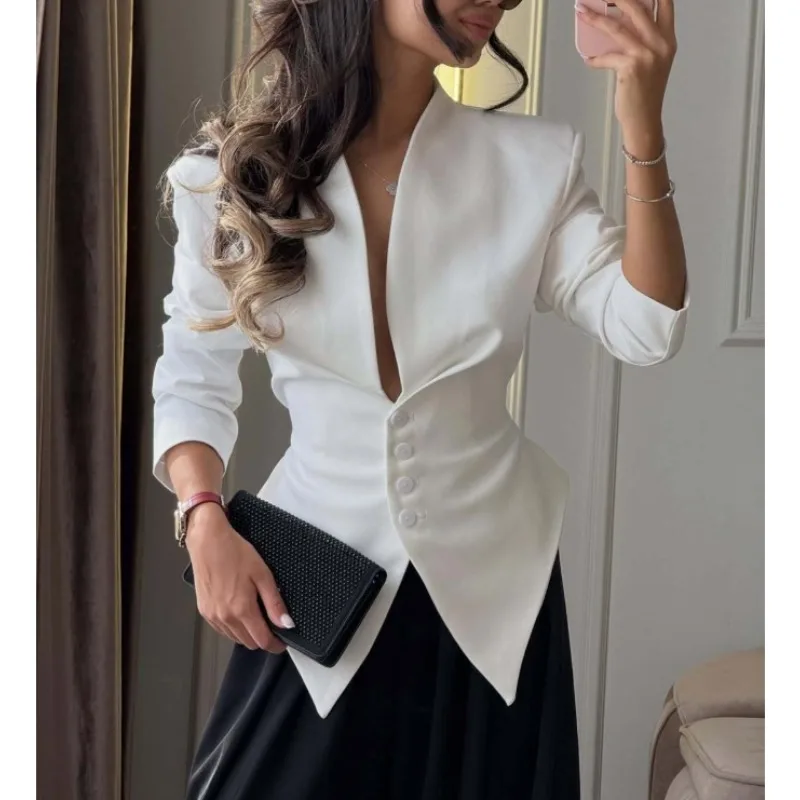 

European American Women's Clothing New Slimming Form-fitting Asymmetrical Small Suit Jacket Long-sleeved Fashionable Elegant Top