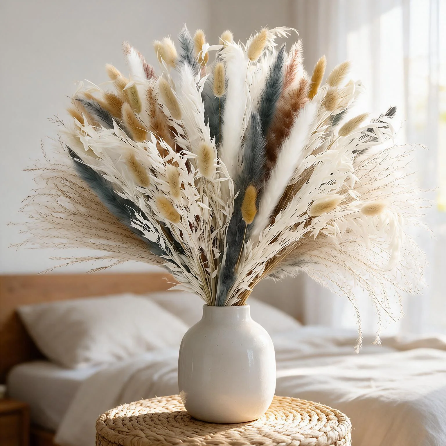 100PCS Pampas Grass Bouquet 17.5in Mixed Dried Flowers Bunny Tails Dried Oats Reed Grass Dusty Blue White Beige Boho Neutral Home Wedding Decor Farmhouse Table Centerpiece Vase Filler Rustic Minimalist Handmade Vase Not Included