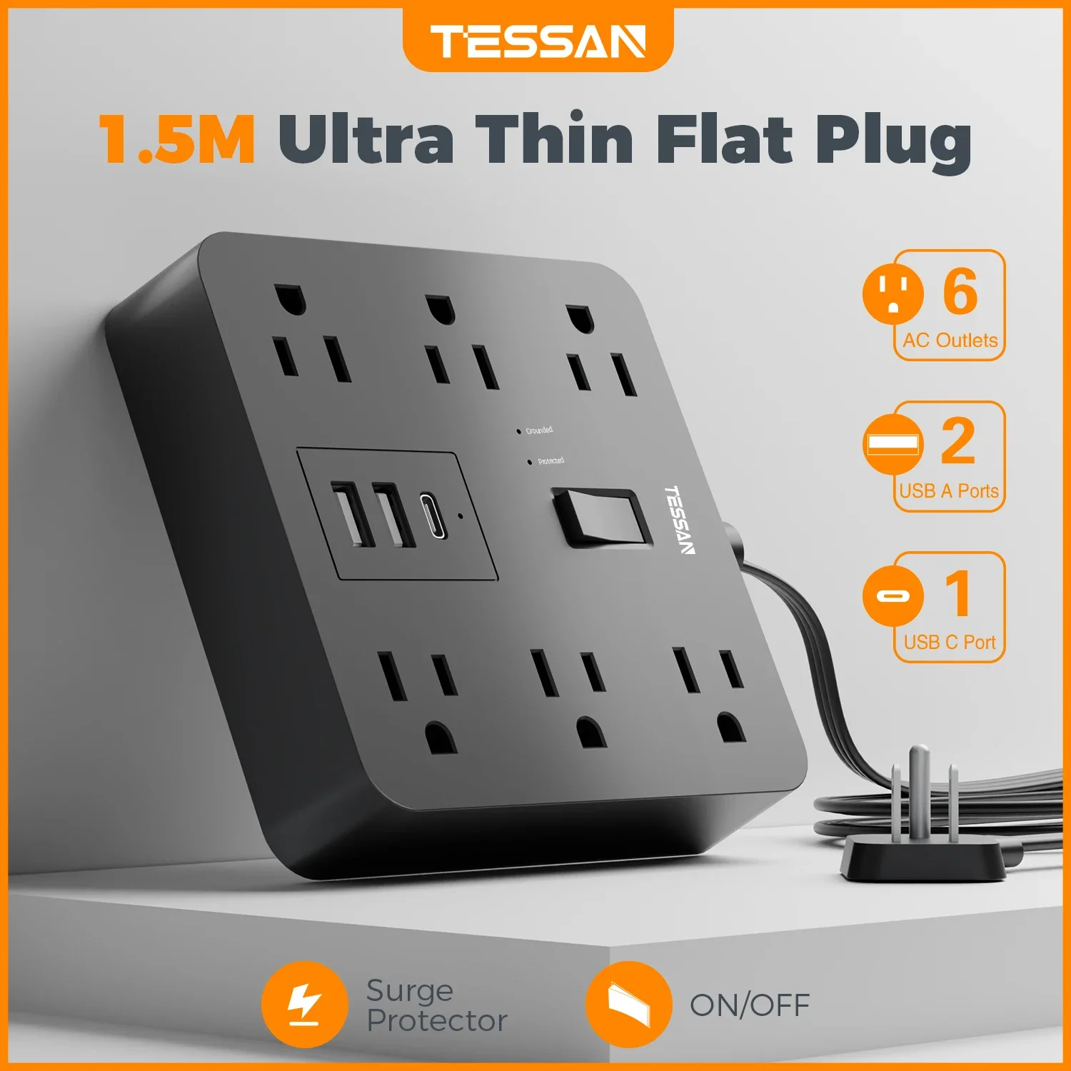 

TESSAN Удлинитель с несколькими розетками и 6 розетками, 3 USB-зарядное устройство, удлинитель 5 футов, сетевой фильтр, зарядное устройство для домашнего офиса