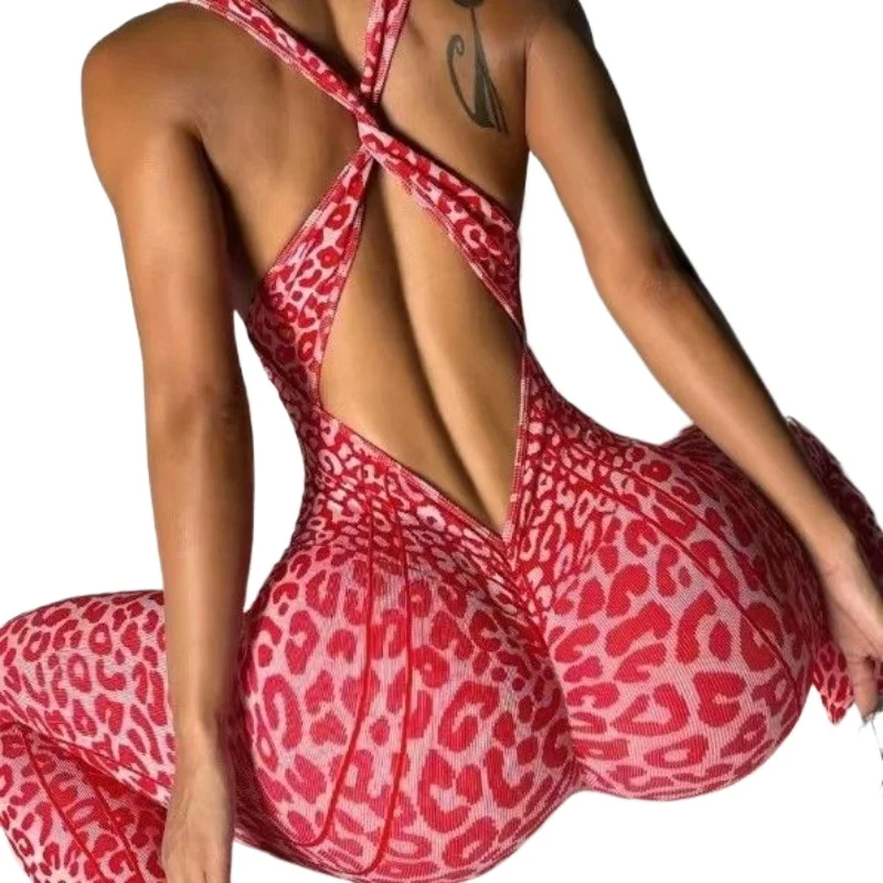 Genuine Foot Binding Seamless Leopard Print Hollow All-in-one Yoga Clothes, Fitness Foot Corset Outdoor Sports Jumpsuit