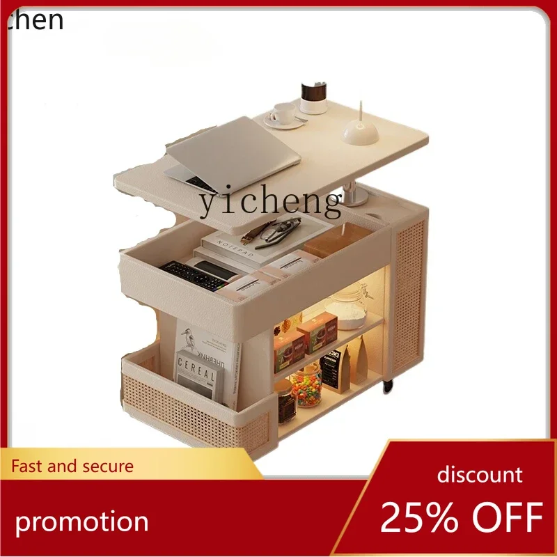ZML  Mobile Coffee Table Side Table one-body Small Apartment Household Living Room Sofa Next To The lift Storage Snack Rattan