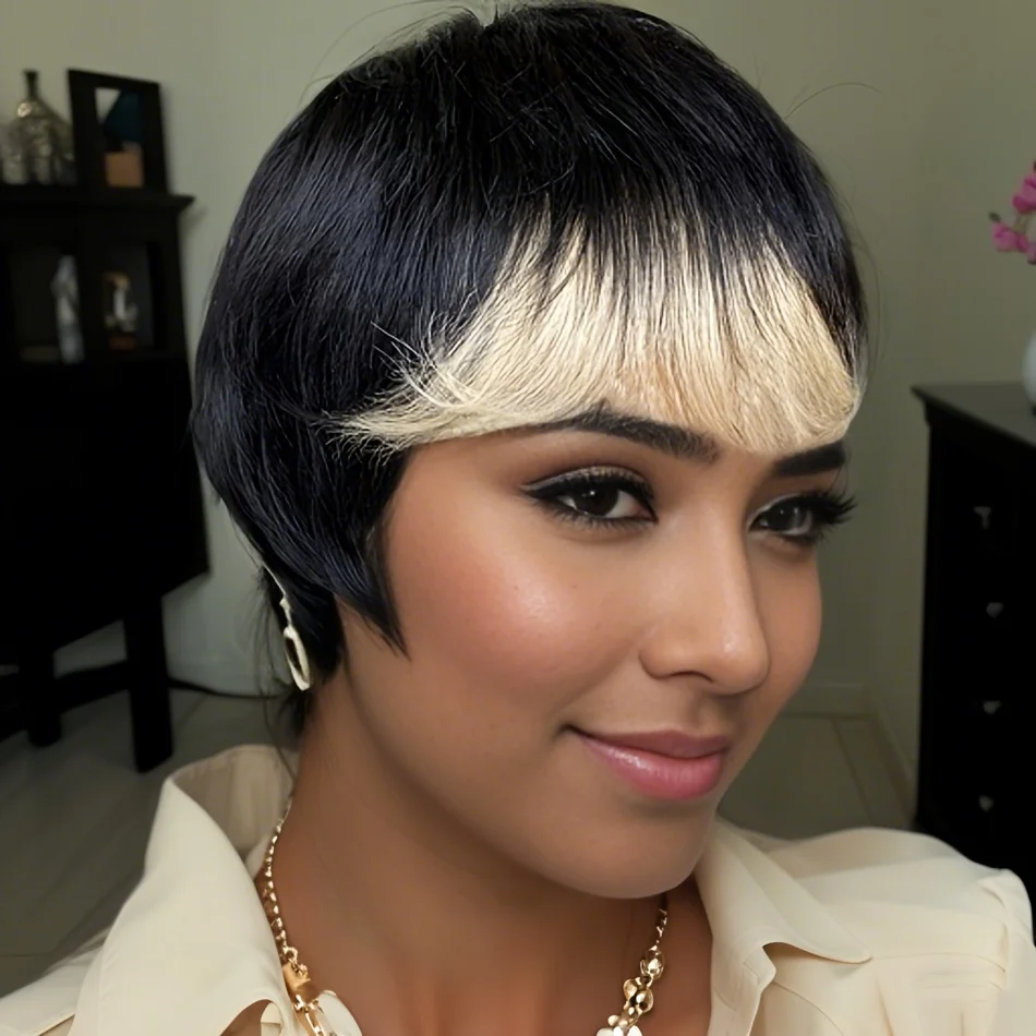 Chic Elegant 1B/613 Ombre Color Pixie Cut Wig Human Hair with Bangs Brazilian Virgin Short Layered Wigs for Women Full Machine Made Wigs