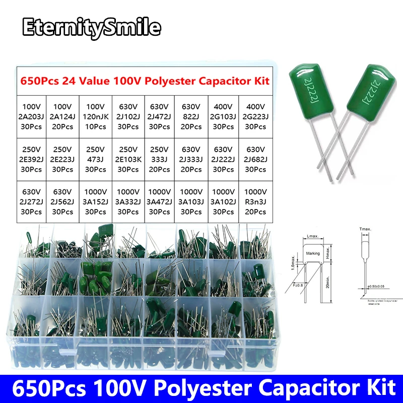 650Pcs/ Box Polyester Film Capacitor Kit 24 Value 100V 250V 400V 630V 1000V 2A203J 2A124J 2J102J 2J472J 2G103J 2E392J 2E223J