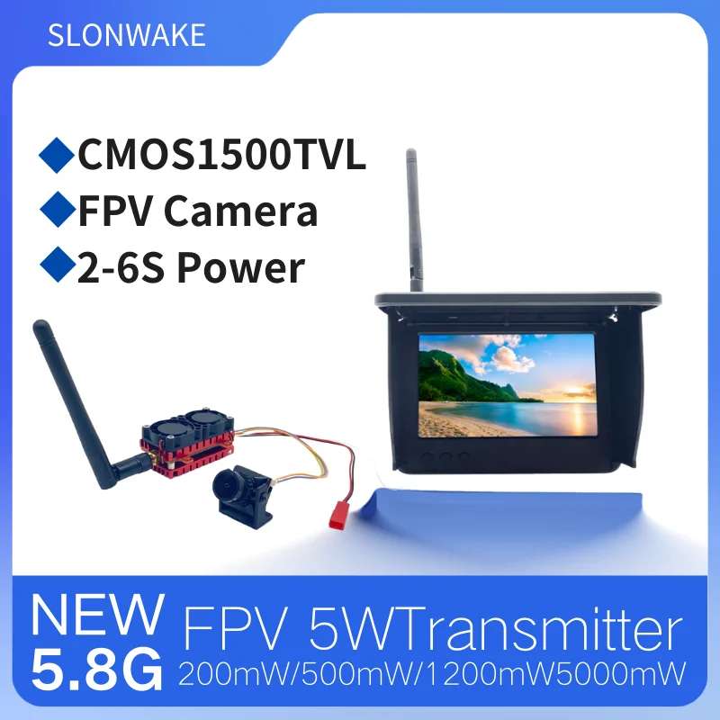 

5W VTX high-power adjustable transmitter Good heat dissipation 1500 TVL camera 5 inch display screen UAV travel machine
