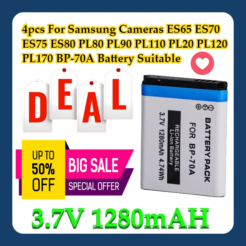 

4pcs For Samsung Cameras ES65 ES70 ES75 ES80 PL80 PL90 PL110 PL20 PL120 PL170 BP-70A 3.7V 1280mAH Battery Suitable