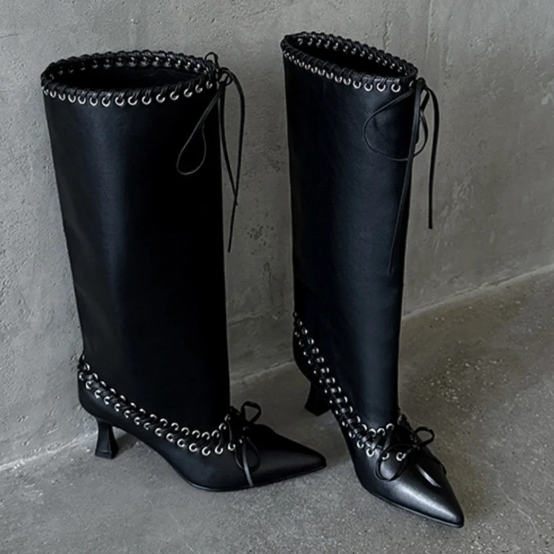 Stitching Boots Lady Rivet Lace-Up Stiletto High Heels Trouser Boots Sexy Pointed Toe Large-Size Kitten Heel Straight-Large-Tube