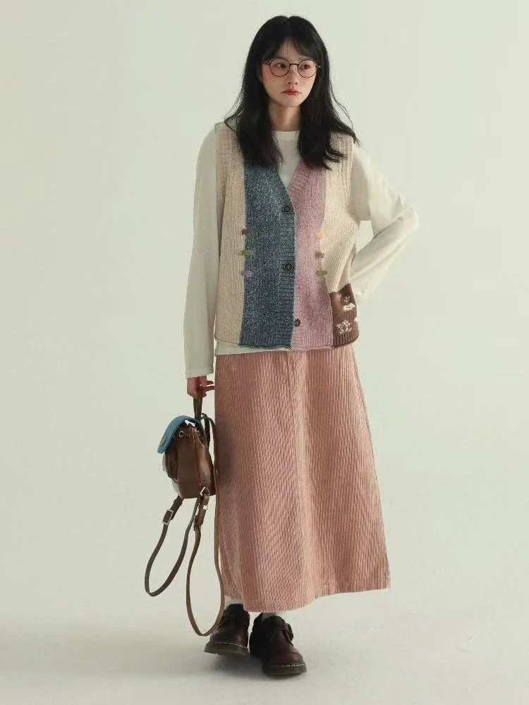 Vintage Patchwork Knit Vest Women Y2K Korean Chic Ethnic Style Sleeveless Coat Autumn Warm All Match Splicing Sweater Mujer