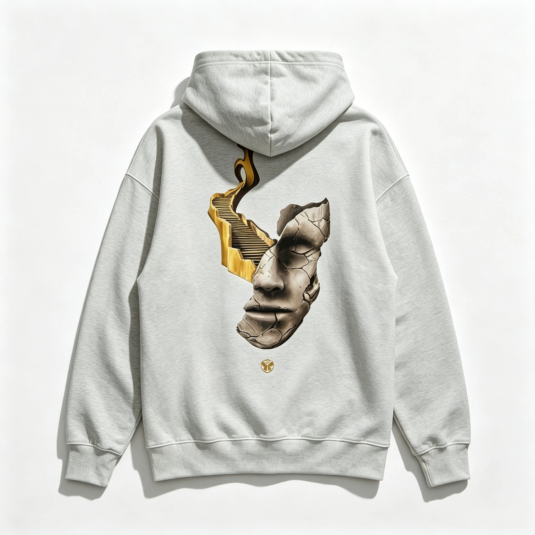 2026 Tomorrowland Consciencia Hoodie mit Rissiger Skulptur-Gesichts- und Goldener Treppen-Rückseitendruck, Unisex Oversized Hoodie EDM – Detail 5