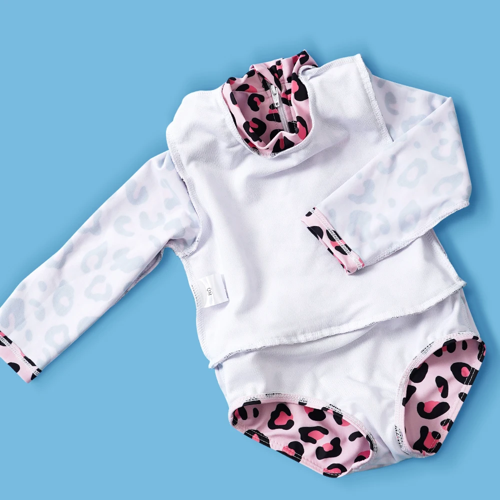 HappyFlute New Ins Style Girls\' One Piece  Long Sleeve With Swimming Cap Zipper Design Sunscreen Summer Swimsuit