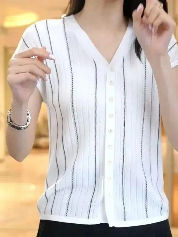 Women's V-neck Short Sleeve Knitted T-shirt Vertical Stripes Shoulder-baring Cardigan Summer New Style Versatile Medium Softness