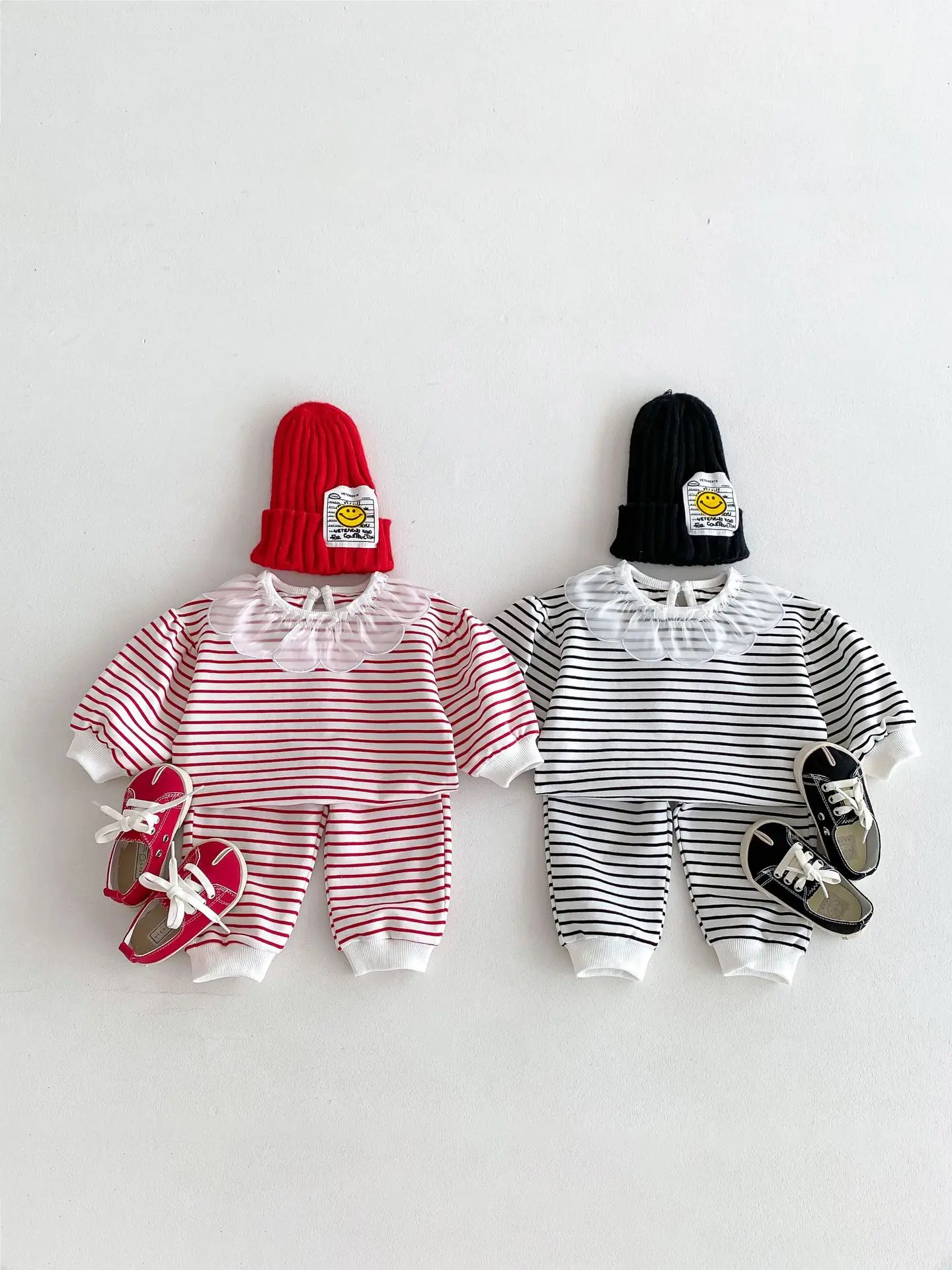 2024 Autumn New Baby Long Sleeve Sweatshirt Set Infant Girl Cute Lace Collar Tops + Pants Casual Striped Suit Toddler Outfits