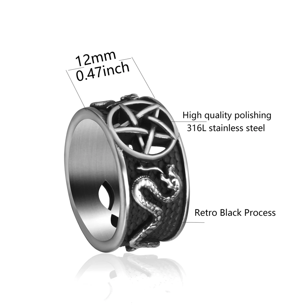 Elfasio Satanic Jewelry Pentagram Pentacle Ring Wiccan Snake Satan Devil Symbol Men Women Stainless Steel Rings Gothic Jewelry