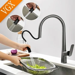 VGX estraibile rubinetto per lavello da cucina spruzzatore per flusso cucina rubinetto Gourmet miscelatore per lavabo girevole rubinetto per acqua gru calda e fredda ottone grigio
