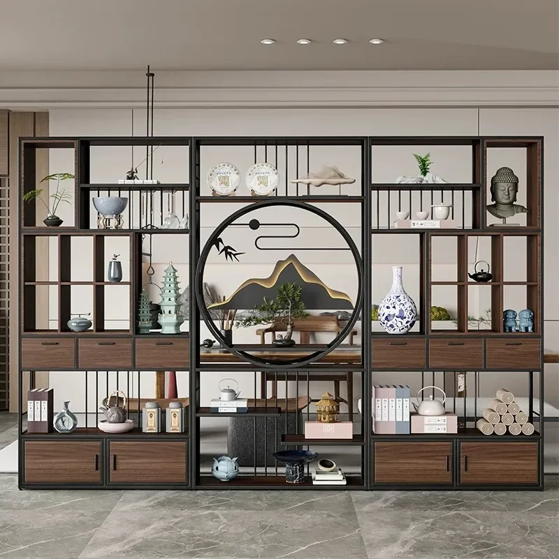 Retro Wrought Iron Floor to Ceiling Bookshelf Chinese Style Room Divider Shelf for Office Tea Room Storage Display Rack