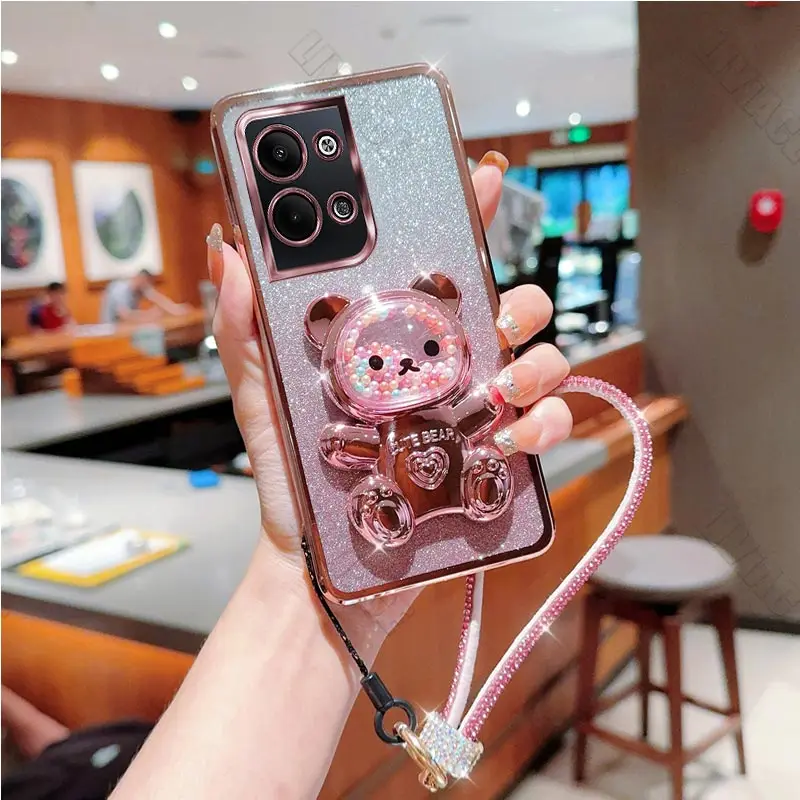 Reno7 Reno2 Reno3 Diamond Strap Glitter Bear Phone Holder Case On For Oppo Reno 7 2 Z 2Z 3 4 5 5K 6 6Z SE Pro 4G 5G Stand Cover