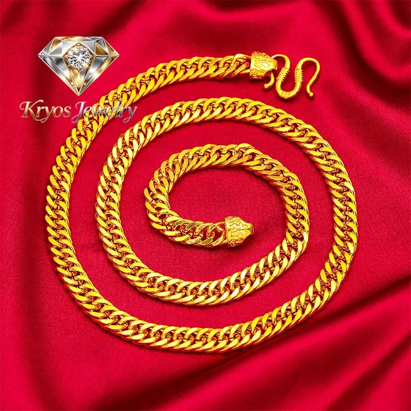 Kryos Jewelry 8mm Men's 24K Gold (AU999) Flat Necklace | Openwork mechanical chain, micro-diamond glow with magnetic closure