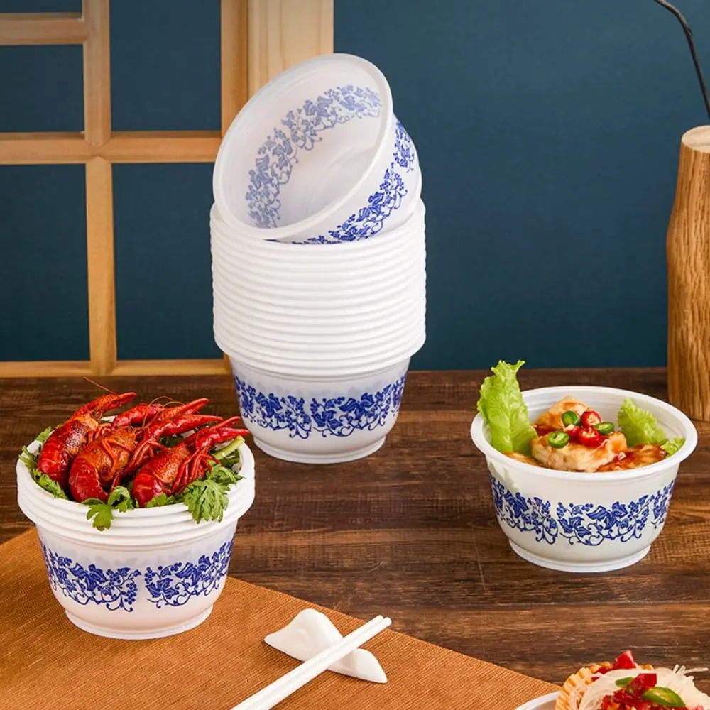 

40pcs Porcelain Pattern Disposable Plastic Bowl Resistant To Deformation Round Dessert Bowl Smooth Surface Thickened Salad Bowl