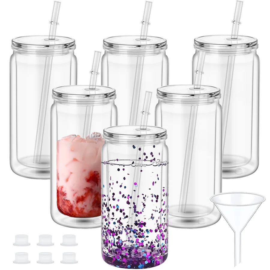 

6-Pack 16oz Water Bottles, Double-Walled Clear Cup with Bamboo Lids, Straws & Funnel - Reusable for Party Office Christmas