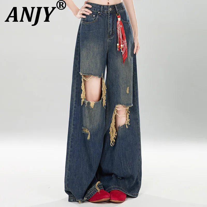

ANJY Summer New American Retro Ripped Jeans Washed Draped Vintage High Street Stylish Y2K Ins Casual Denim Wide Leg Pants A8814