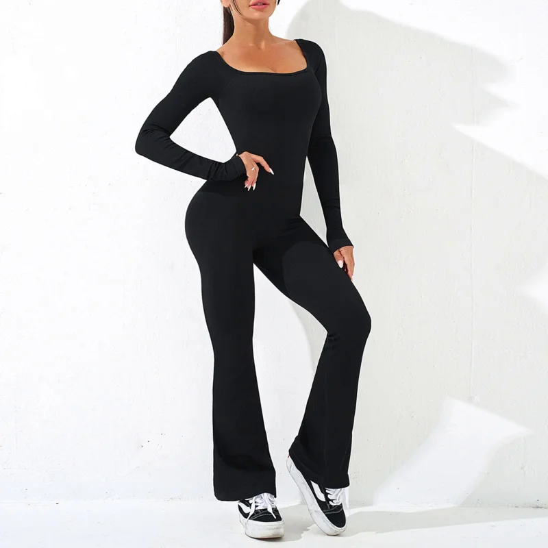 Sexy Flared Pants Shapewear Pilates Fitness Set Gym Workout Clothes Dance Long Sleeve Bodysuits One Piece Sports Yoga Jumpsuits