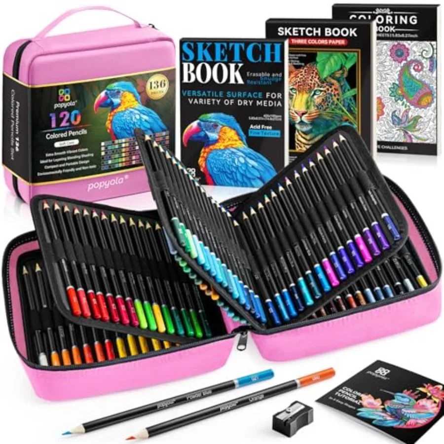 

136 PCS Colored Pencils Set for Adult Coloring Books 120 Colored Pencils with Sketchbook Coloring Book Sharpener Soft Core Oil-