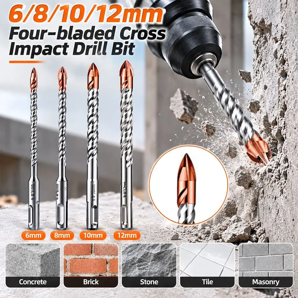 Extended Four-bladed Cross Impact Drill Bit Spiral Flutes Hardware Accessories Concrete Drill Bit Slotted Round Shank