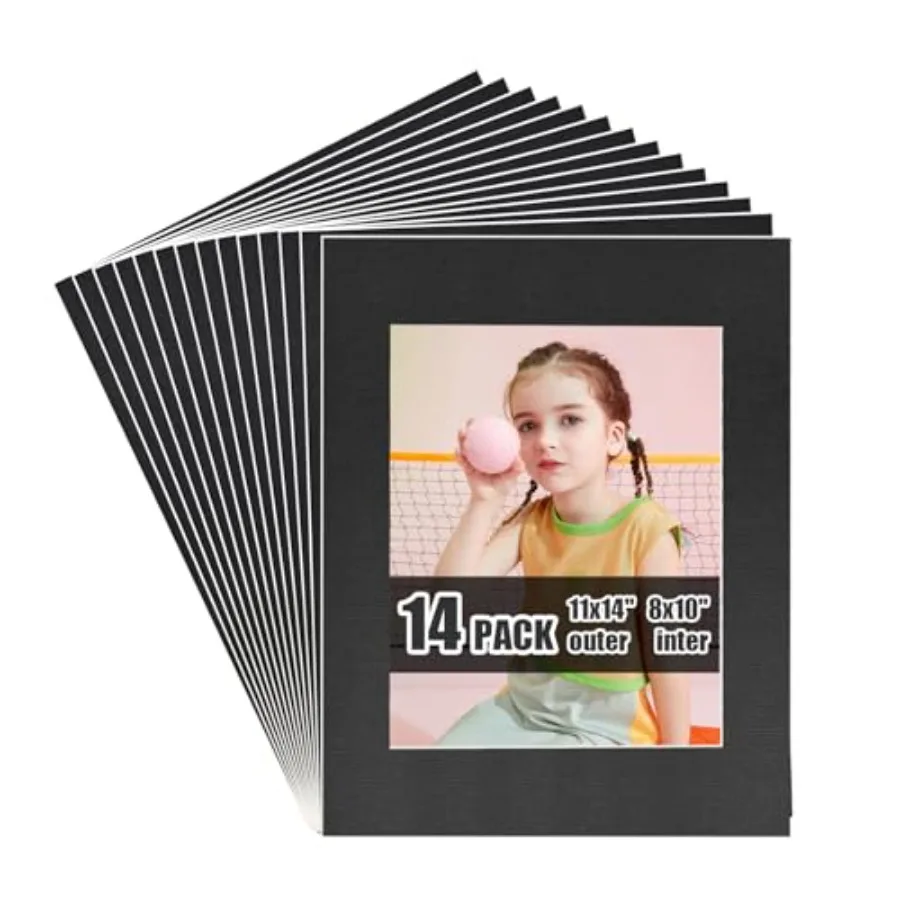 

Egofine 11x14 Black Picture Mats Pack of 14, Frame Mattes for 8x10 Pictures, Acid Free, 1.2mm Thickness, with Core Bevel Cut