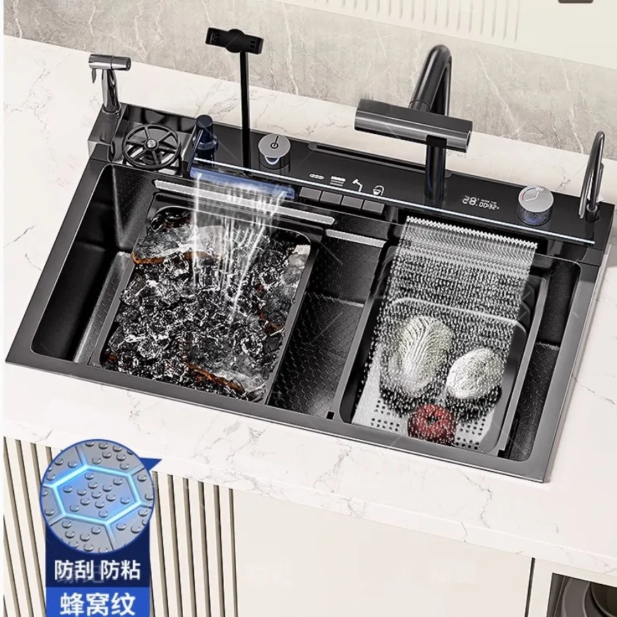 2025 New Design Rectangular Digital Display Smart Waterfall Multifunction Kitchen Sink Stainless Steel Kitchen Sink Set