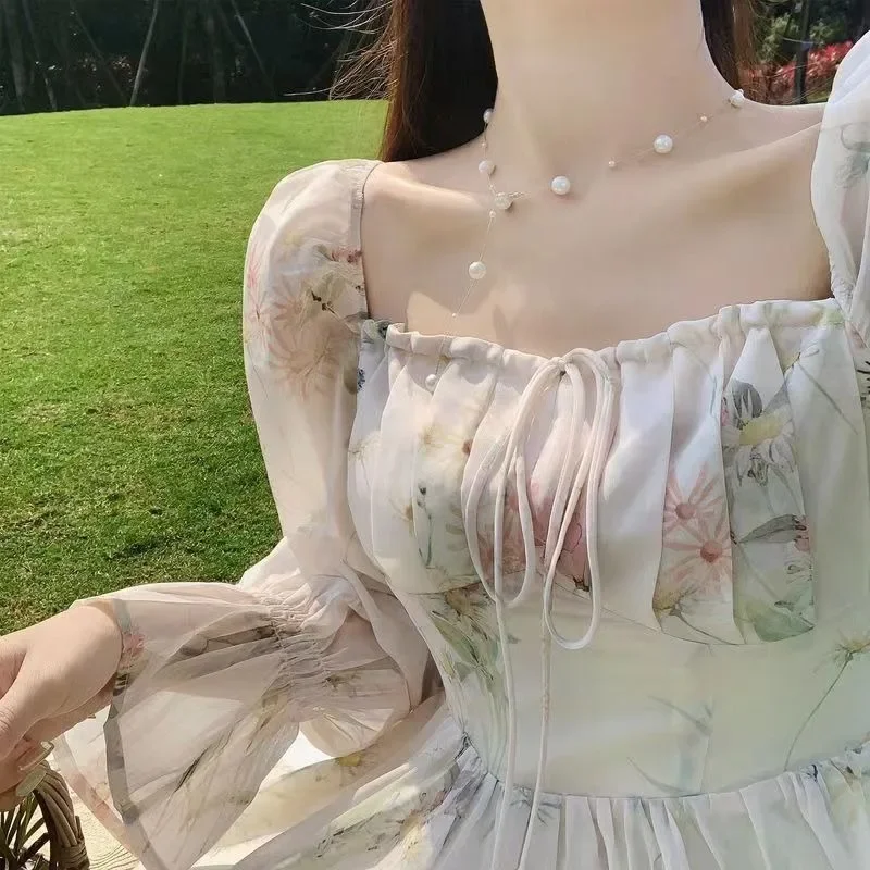 

Elegant Princess Party Dress Women High Waist A-line Lace Up Spring Summer French Vintage Prom Robe Korean Sweet Vestidos Mujer