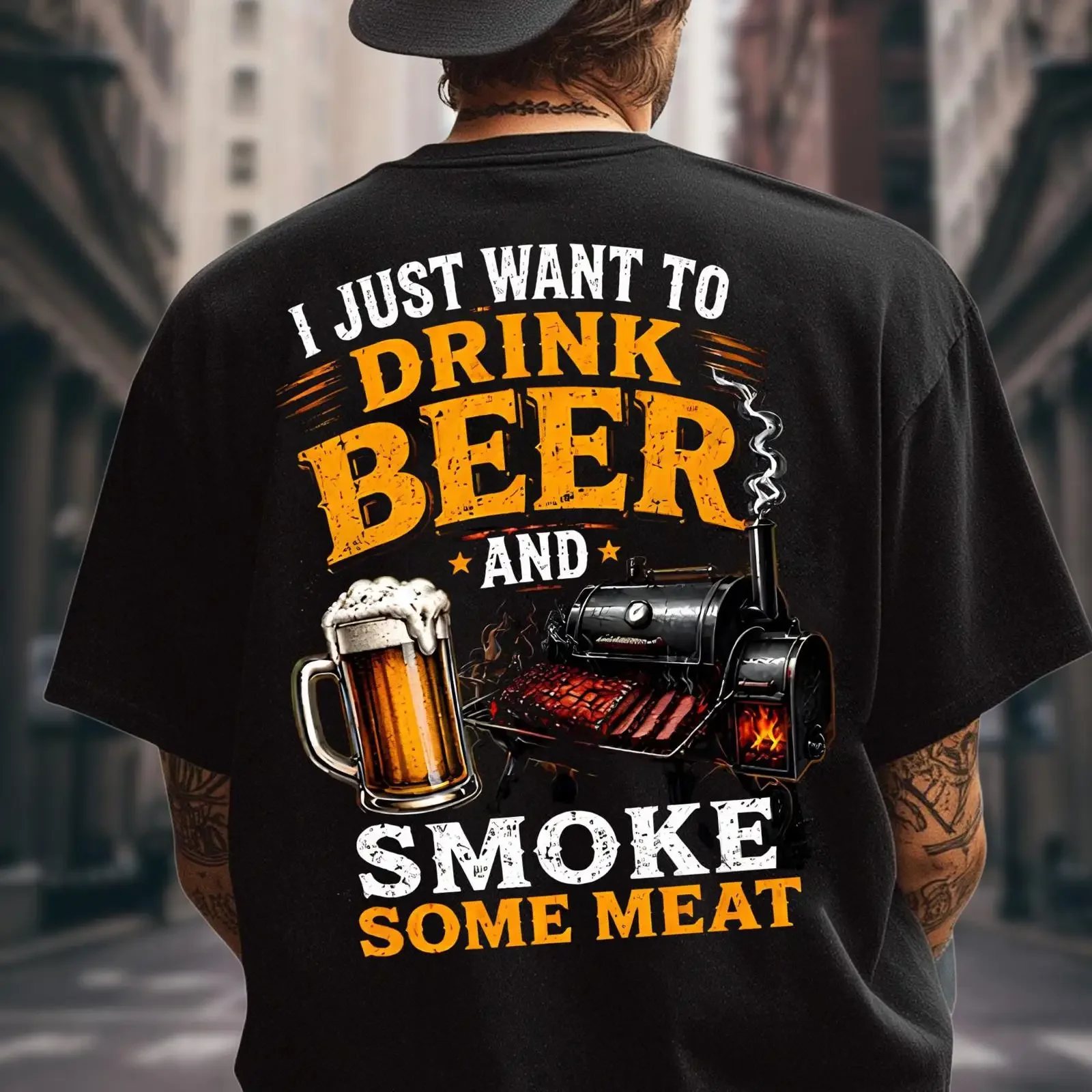 I Just Want To Drink Beer And Smoke Some MeaT T Shirt Funny Grilling Bbq Smoker SweaT Grill Master Dad vintage Washed