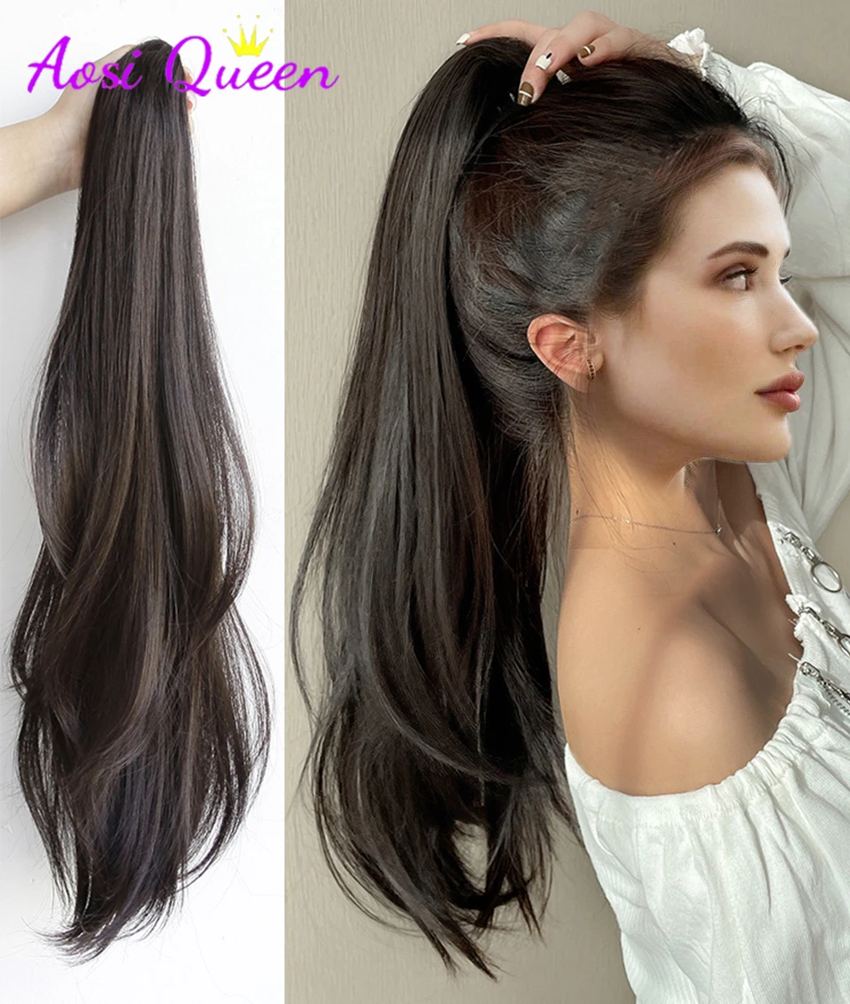 AS Long Wavy Straight Claw Clip On Ponytail Hair Extension Synthetic Ponytail Extension Hair For Women Pony Tail Hair Hairpiece