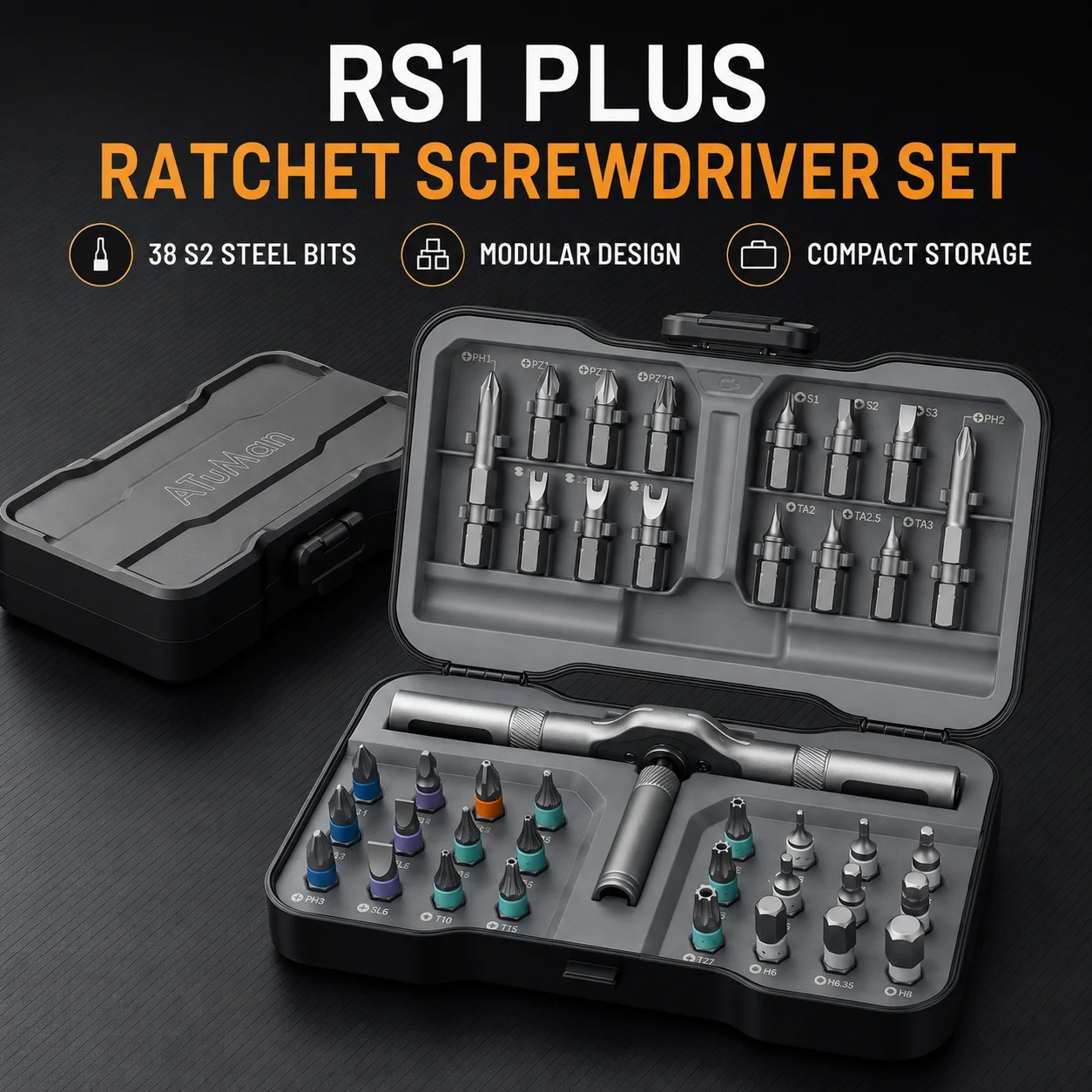 ATUMAN RS1 Plus 38-teiliges Schraubendreher-Set aus S2-Stahl, 40-Zahn-Umschaltgriff, magnetisches Präzisions-Bit-Set mit Aluminiumlegierungsgriff und tragbarem Koffer für Elektronik-, Fahrrad-,