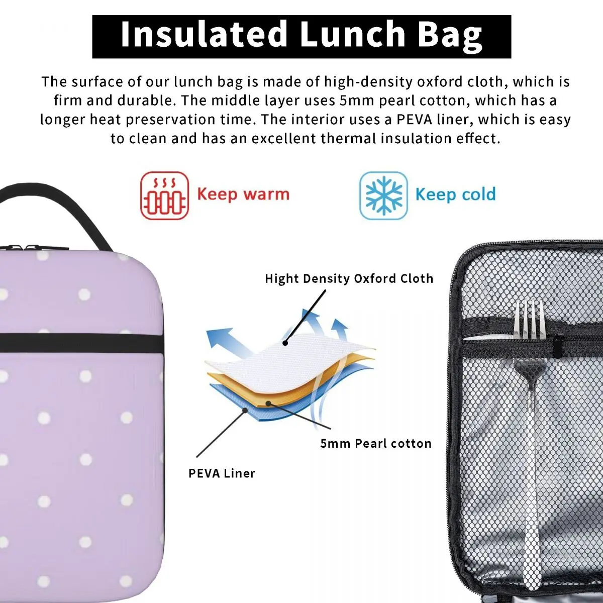 Bestselling Pastel Lilac And White Polka Dot Pattern Neutral Tone Cooler Lunch Bag Car Travel Commuter Lunch Bag view 5