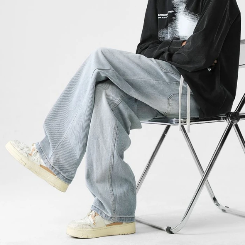 メンズハイストリートジーンズレトロ秋新作カーブドナイフルーズブラックアメリカンワイドレッグパンツカジュアルストレートレッグパンツ