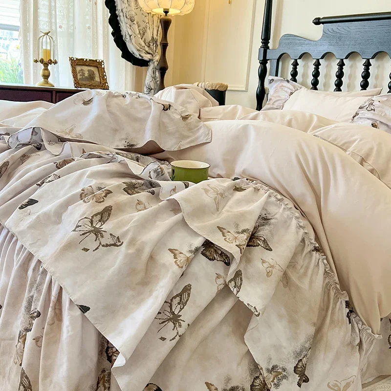 Double Layer Pleated Ruffles Butterfly Print 100% Cotton Princess Bedding Set Duvet Cover Bed Skirt Bedspread Pillowcases 4Pcs