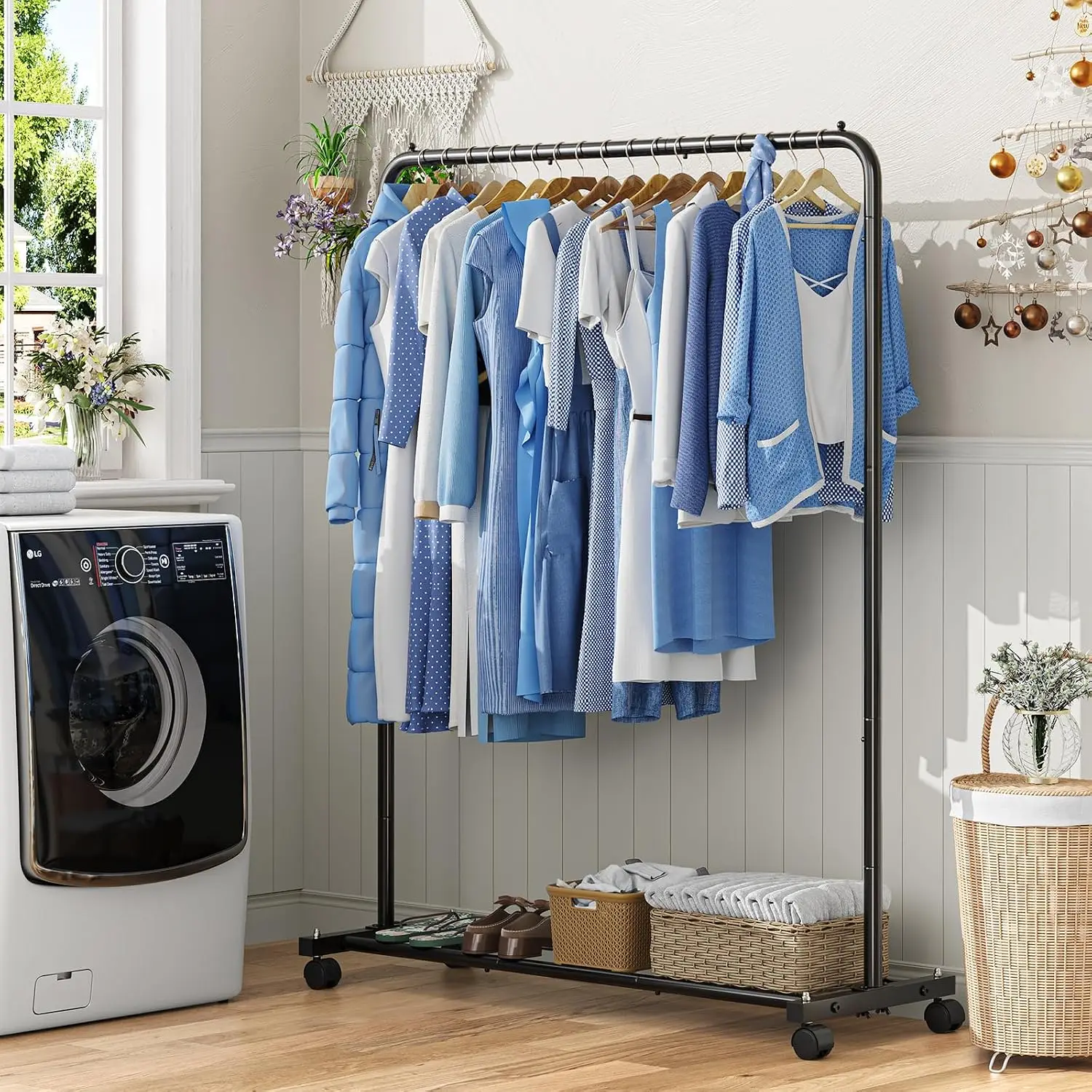 Clothing Rack for Hanging clothes, Portable Garment Rack with Bottom Shelf, Metal Clothes Rack on Wheels for Bedroom, Laundry Ro