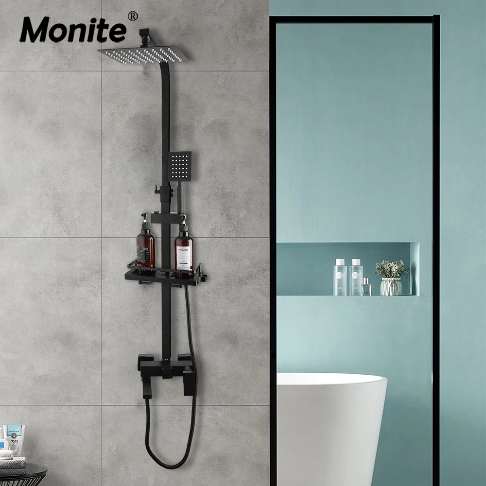 

Monite Wall Mounted Bathroom Shower Set Matte Black 3 Water Outlets Rainfall Shower Head Hot & Cold Water Mixer Faucet Taps