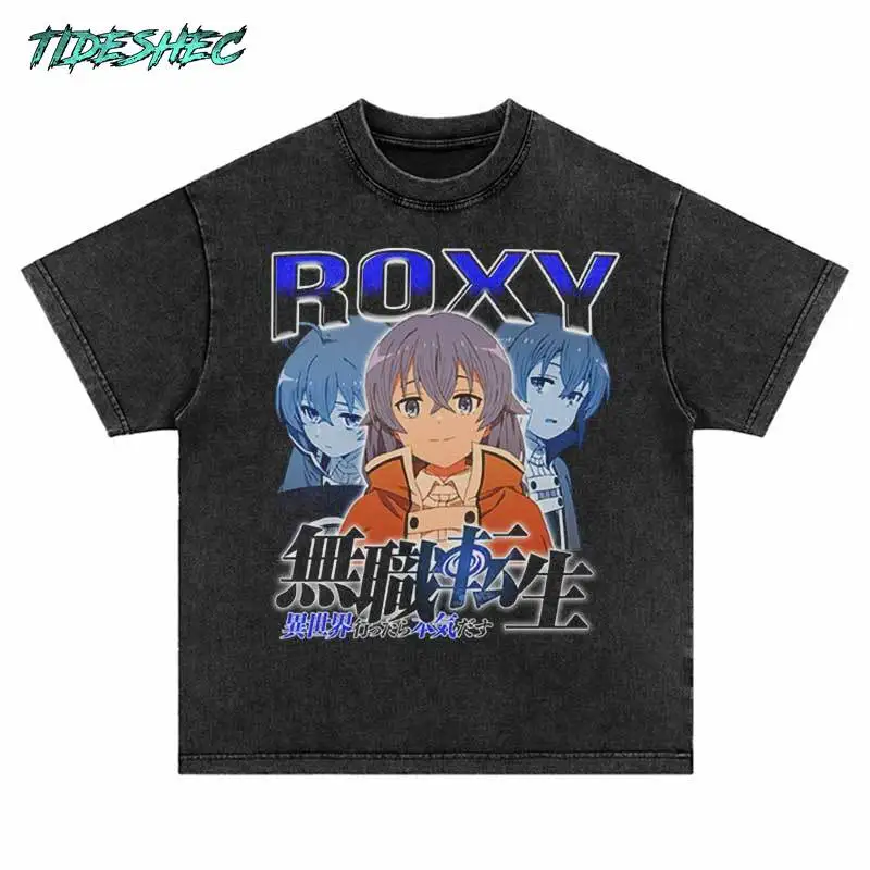 Harajuku Washed Cotton T-shirt Fashion 2024 Retro Grey Girl Street Hip Hop Japanese Anime Cartoon Printed T-shirt Men's Clothing